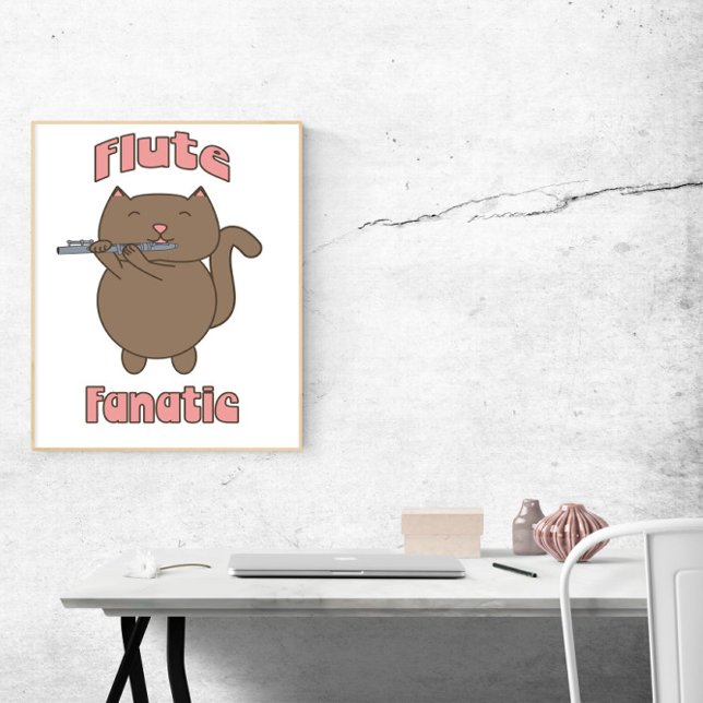 Póster Flute Fanatic Cat Cute (A poster that says flute fanatic with a cartoon cat playing the flute)