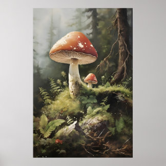 Póster Fly Agaric Mushrooms Print, Woodland Mushroom In