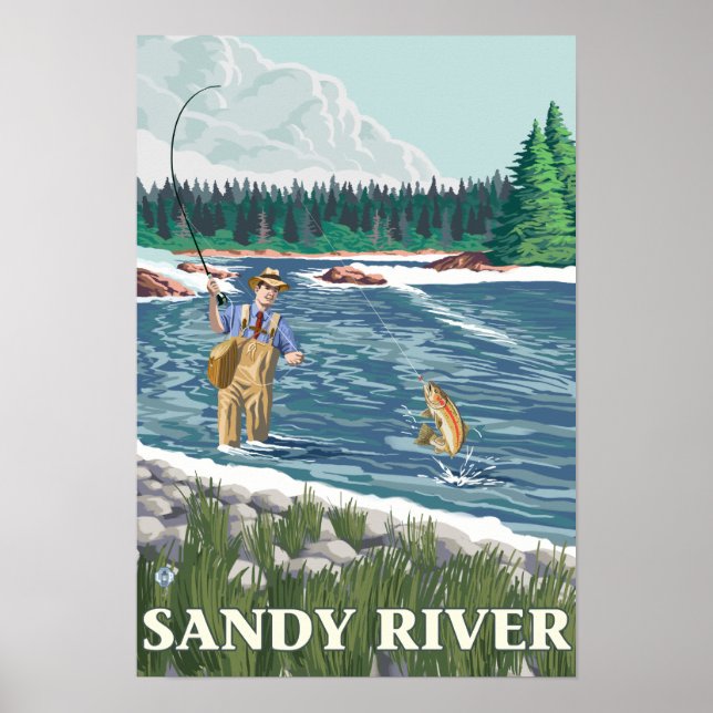 Póster Fly Fisherman - Río Sandy, Oregón (Frente)