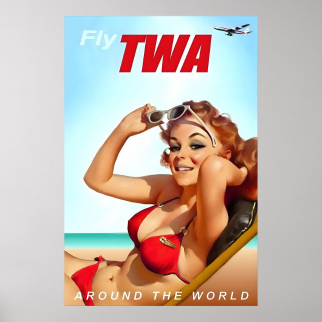 Póster Fly TWA Trans World Airlines Stewardess Bikini Pin (Frente)