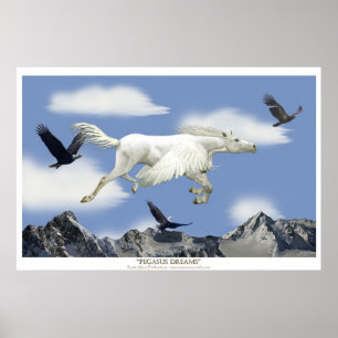 Póster Flying Pegasus en las montañas Eagle Fantasy Art