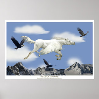 Póster Flying Pegasus en las montañas Eagle Fantasy Art
