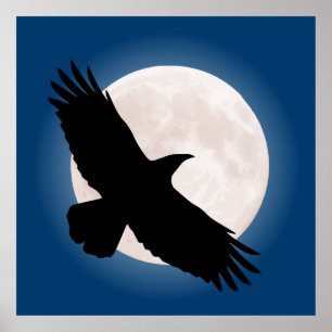 Póster Flying raven with the moon behind it