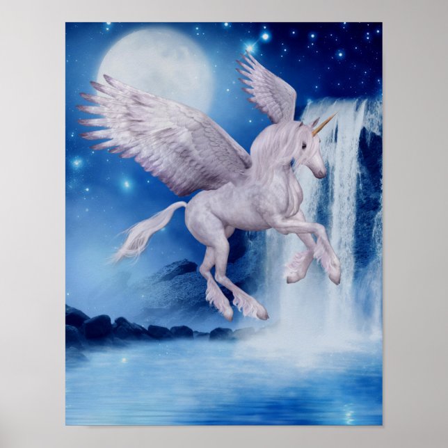 Póster Flying Unicorn Waterfall Fantasy Horse Art (Frente)