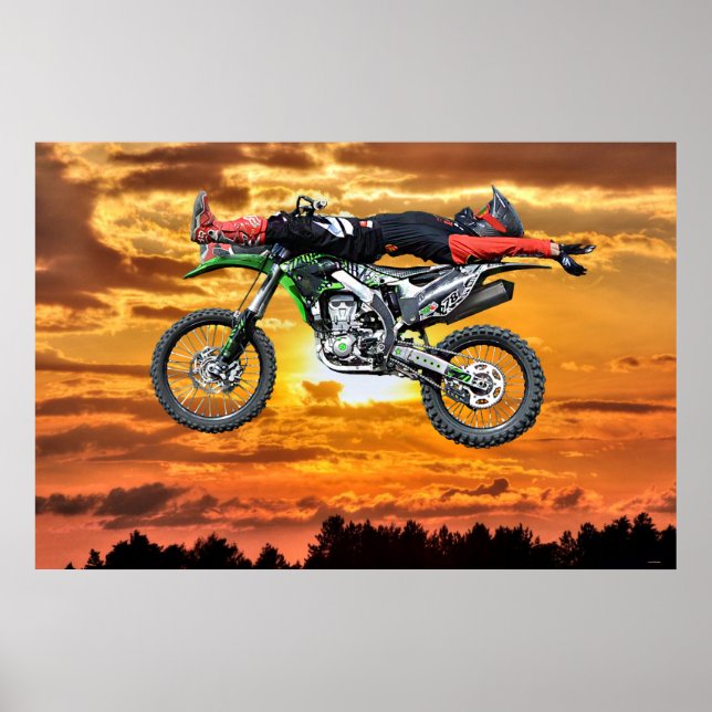 Póster FMX Motocross Dirt Bike Aerial Stunt and Sunset (Frente)