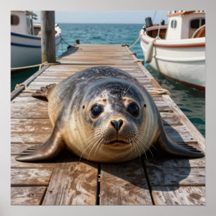 Póster Foca Adorable Acostada en el Muelle de Barcos del