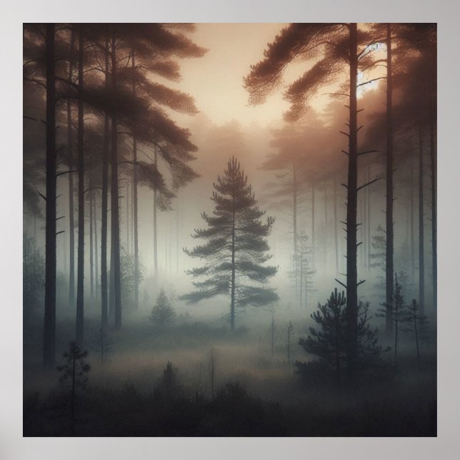 Póster Foggy Forest Poster Art Print, Peaceful Nature (Frente)