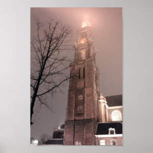Póster Foggy Night Amsterdam Westertoren Church Tower