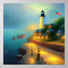 Póster Foggy seaport and lighhouse