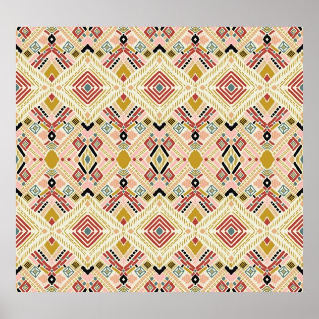 Póster Folclore geométrico Ikat, patrón damasco oriental. (Frente)