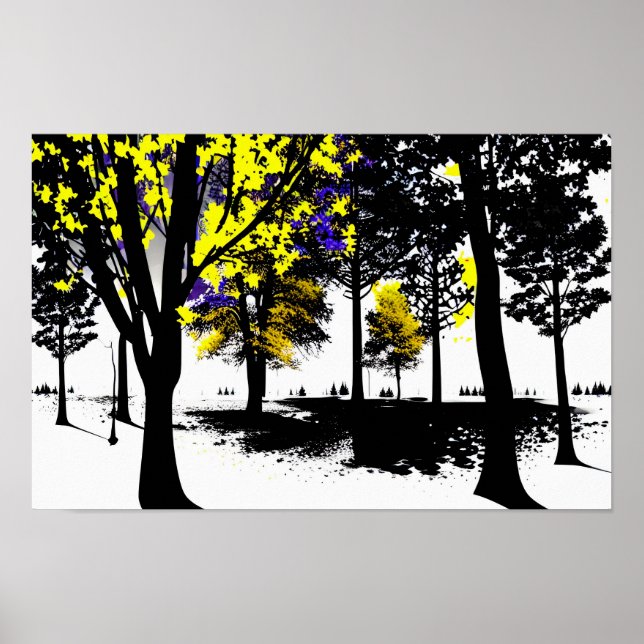 Póster Foliage azul y amarillo en el mundo blanco y negro (Frente)