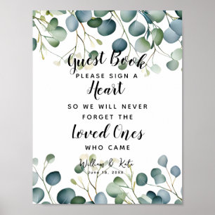Póster foliage green heart guest book boda eucalyptus