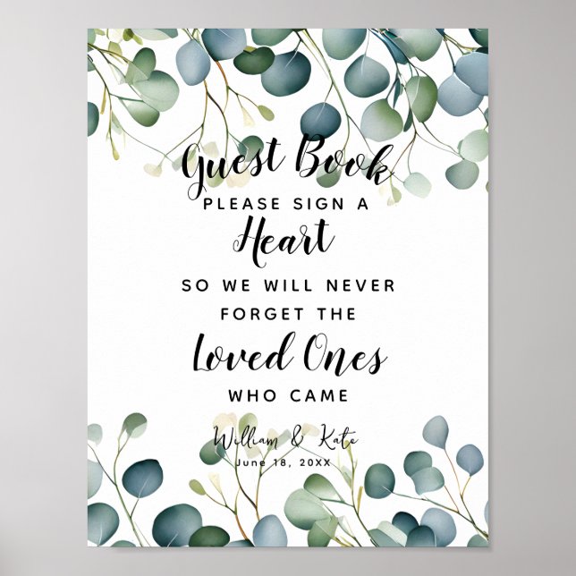 Póster foliage green heart guest book boda eucalyptus (Frente)