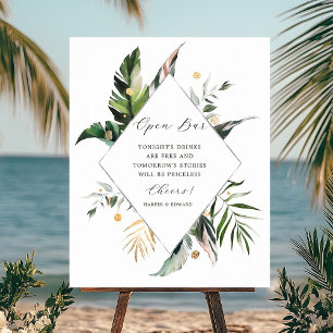 Póster Foliage Tropical Boda Verde Rótulo de bar abierto