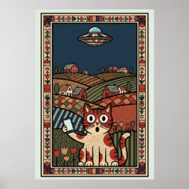 Póster Folk Art Cat with UFO in Countryside Whimsical