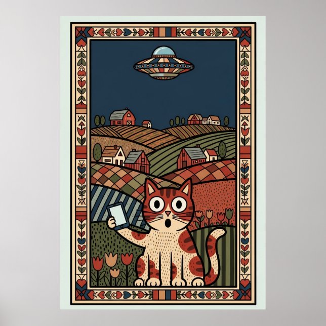 Póster Folk Art Cat with UFO in Countryside Whimsical (Frente)