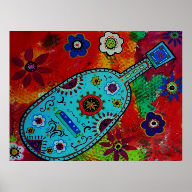 Póster Folk Art Mexican Guitar Painting (Frente)