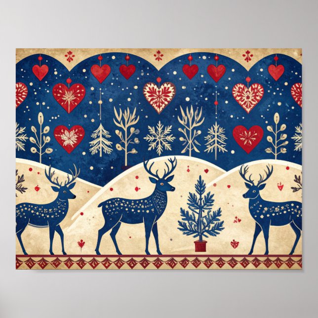 Póster Folk-Art Reindeer Pattern Poster (Frente)