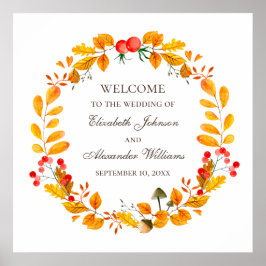 Póster Follaje de acuarela. Bienvenida de boda otoñal en