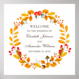Póster Follaje de acuarela. Bienvenida de boda otoñal en 
