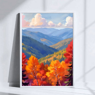Póster Follaje de otoño Paisaje montañoso de acuarela