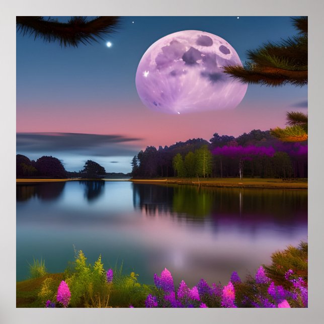 Póster Follaje morado Luna y lago pacífico (Frente)