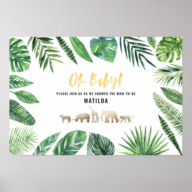 Póster Follaje tropical + animales dorados fiesta de duch (Frente)