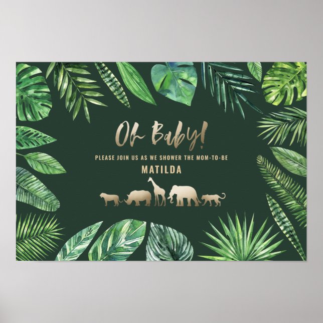 Póster Follaje tropical + animales dorados fiesta de duch (Frente)