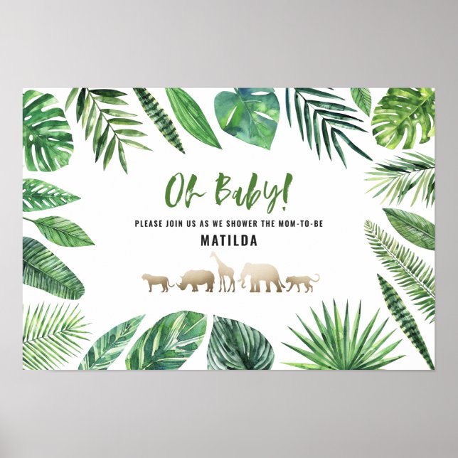Póster Follaje tropical + animales dorados fiesta de duch (Frente)