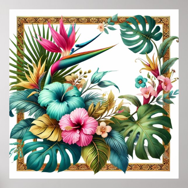 Póster Follaje Tropical Iridescente en Marco Cuadrado (Frente)