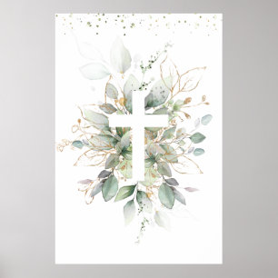 Póster Follaje Verde Cruz Bautizo de Bebé