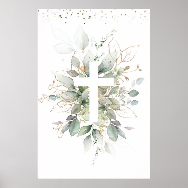 Póster Follaje Verde Cruz Bautizo de Bebé  (Frente)