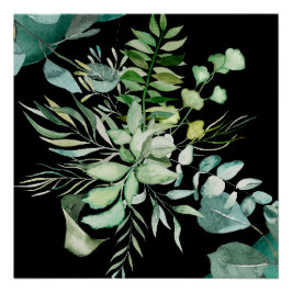 Póster Follaje Verde Elegante Acuarela, Fondo Negro