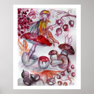 Póster FOLLETO MÁGICO DE HONGOS Fantasía floral roja blan