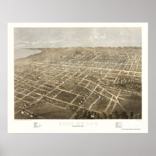 Póster Fond Du Lac, mapa panorámico de los WI - 1867