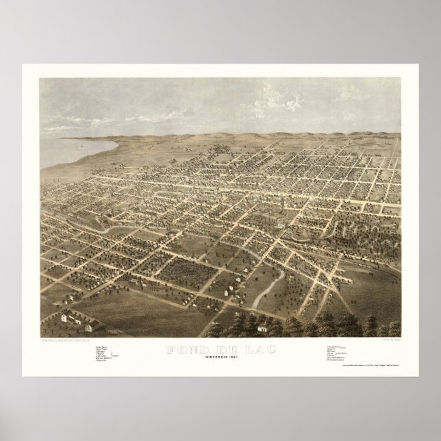 Póster Fond Du Lac, WI Mapa Panorámico - 1867 (Frente)