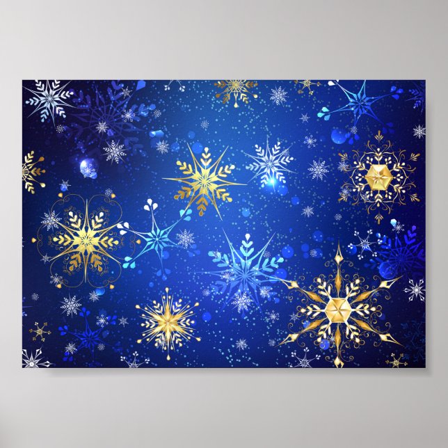 Póster Fondo azul XMAS con copos de nieve dorados (Frente)