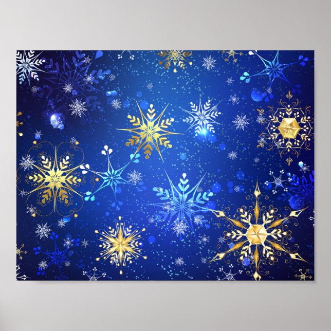 Póster Fondo azul XMAS con copos de nieve dorados (Frente)