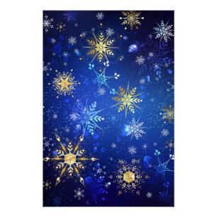 Póster Fondo azul XMAS con copos de nieve dorados