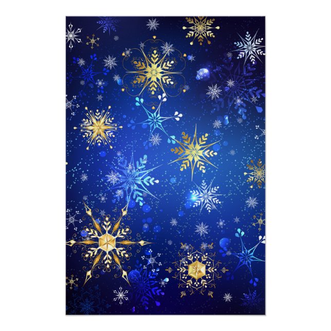 Póster Fondo azul XMAS con copos de nieve dorados (Anverso)