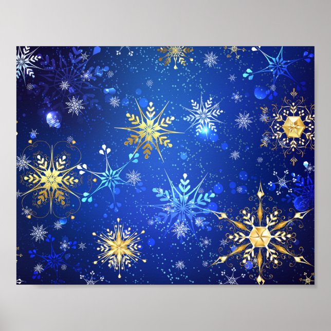 Póster Fondo azul XMAS con copos de nieve dorados (Frente)