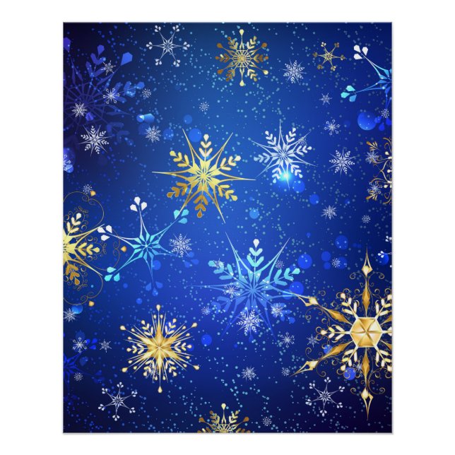 Póster Fondo azul XMAS con copos de nieve dorados (Anverso)