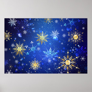 Póster Fondo azul XMAS con copos de nieve dorados