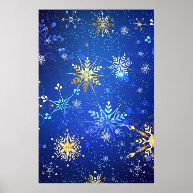 Póster Fondo azul XMAS con copos de nieve dorados (Frente)