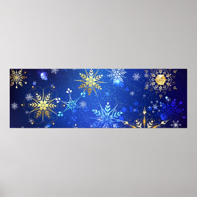 Póster Fondo azul XMAS con copos de nieve dorados (Frente)