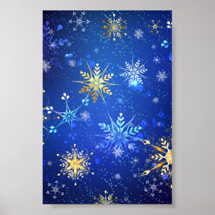 Póster Fondo azul XMAS con copos de nieve dorados