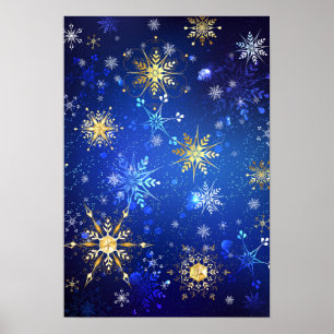 Póster Fondo azul XMAS con copos de nieve dorados