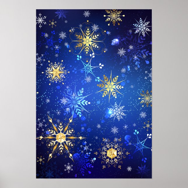 Póster Fondo azul XMAS con copos de nieve dorados (Frente)