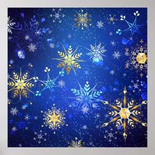 Póster Fondo azul XMAS con copos de nieve dorados
