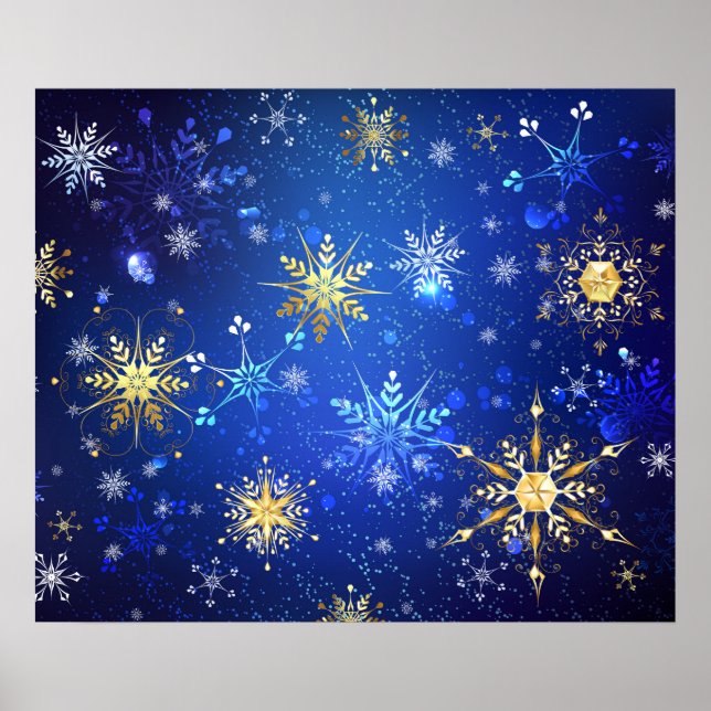 Póster Fondo azul XMAS con copos de nieve dorados (Frente)